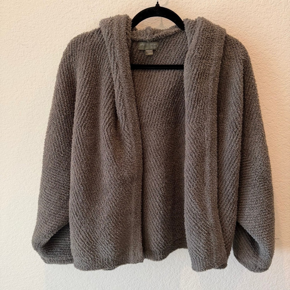 Barefoot Dreams CozyChic Hooded Cardigan Olive Green Open Front Sweater XXS/XS